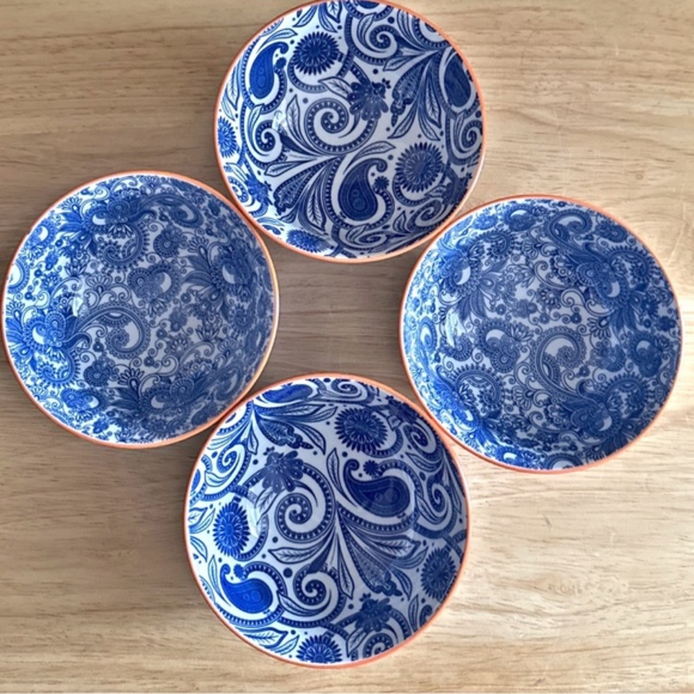 Ooh La La by BIA Cordon Bleu Paisley Floral Orange Rim Porcelain Bowls Set of 4 - Picture 2 of 8